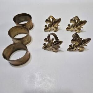 Aukey Brass Napkin Rings Fleur-de-Lis (4) and Three (3) India Brass Ovals Auckey